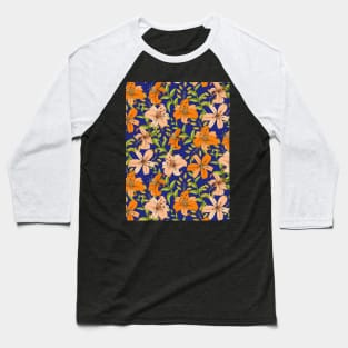 Lily Flower Pattern On Blue Baseball T-Shirt